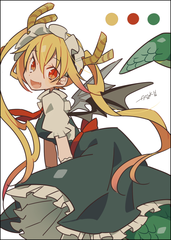 1girl auko bangs black_border black_dress black_wings blonde_hair border breasts dragon_girl dragon_horns dragon_tail dragon_wings dress eyebrows_visible_through_hair fang frilled_dress frills hair_between_eyes horns kobayashi-san_chi_no_maidragon looking_at_viewer maid_headdress medium_breasts puffy_short_sleeves puffy_sleeves red_eyes scales short_sleeves signature simple_background slit_pupils solo tail tail_raised tooru_(maidragon) twintails white_background wings