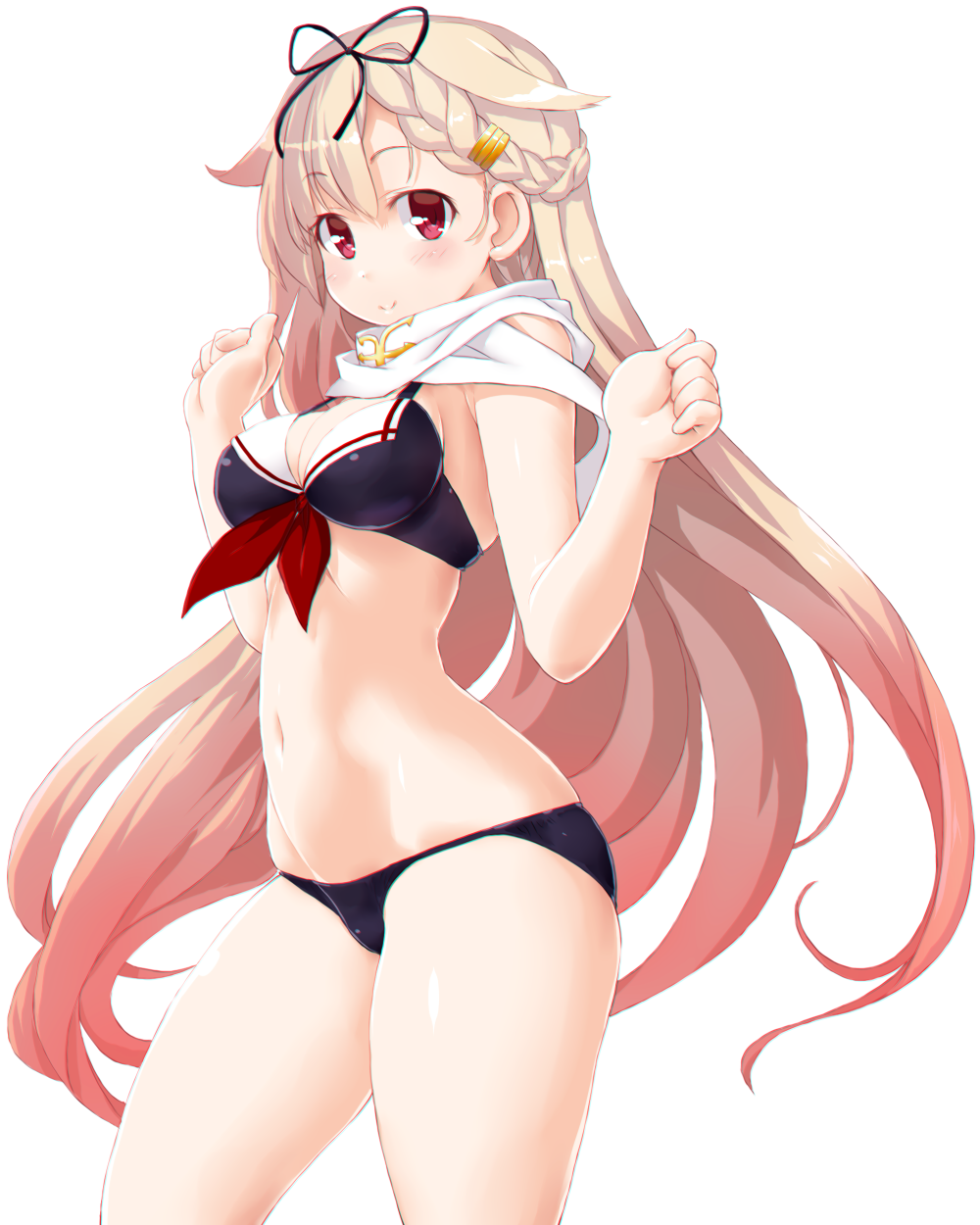 1girl bikini black_bikini black_ribbon blonde_hair blush breasts cleavage closed_mouth dd_(ijigendd) gradient_hair hair_ribbon highres kantai_collection long_hair looking_at_viewer medium_breasts multicolored_hair navel red_eyes ribbon scarf simple_background smile solo swimsuit very_long_hair white_background white_scarf yuudachi_(kantai_collection)