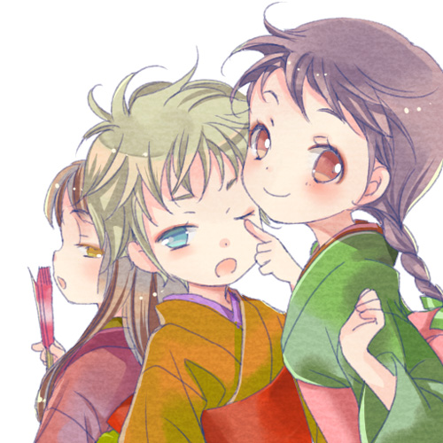 3girls ;o awai back-to-back blonde_hair blue_eyes bow braid brown_eyes brown_hair clenched_hand fan green_bow green_kimono hair_bow holding holding_fan japanese_clothes kimono long_sleeves looking_at_viewer lowres multiple_girls one_eye_closed open_mouth orange_kimono original red_kimono short_hair simple_background smile white_background yellow_eyes
