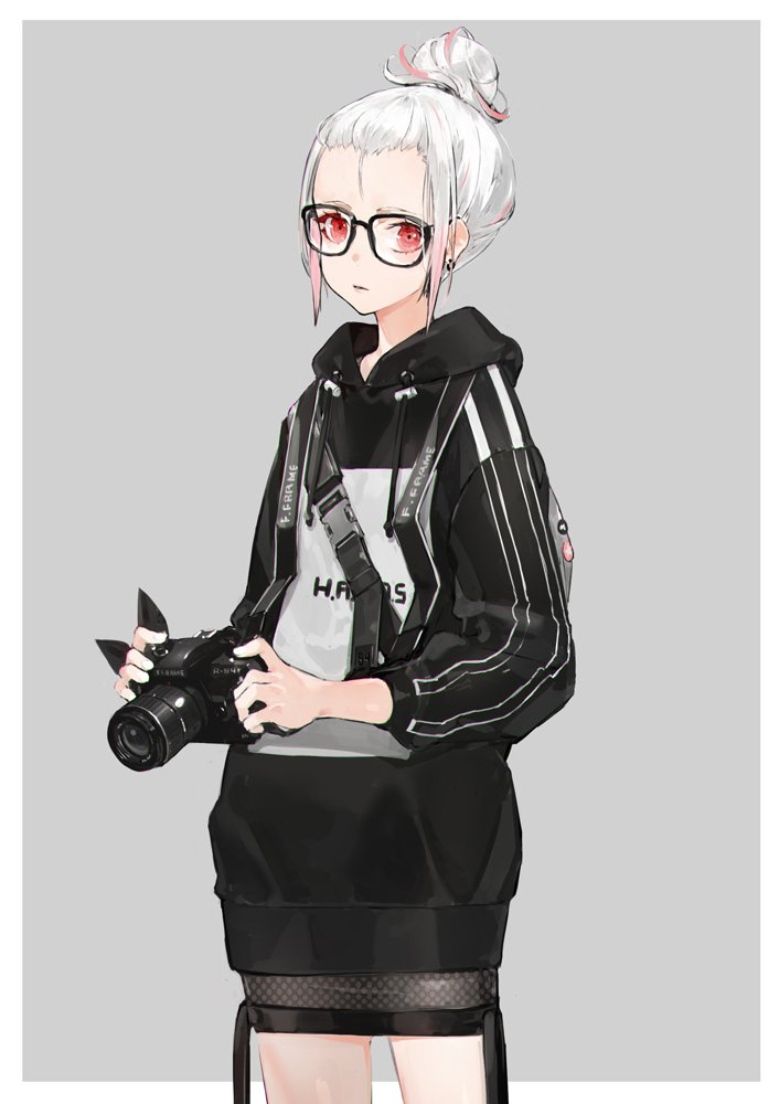 1girl albino black-framed_eyewear border camera cowboy_shot earrings fishnet_fabric flat_chest glasses grey_background hair_bun hood hoodie jewelry long_hair looking_at_viewer neco original red_eyes short_hair single-lens_reflex_camera skirt solo strap white_hair