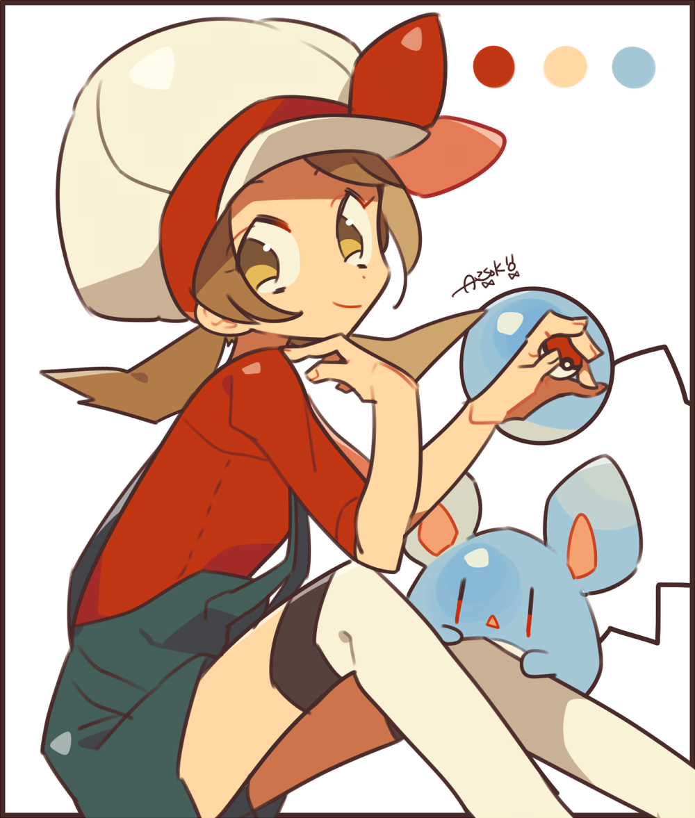 1girl auko border bow brown_hair cabbie_hat closed_mouth color_guide from_side gen_2_pokemon hat hat_bow holding holding_poke_ball kotone_(pokemon) looking_at_viewer marill over-kneehighs poke_ball poke_ball_(generic) pokemon pokemon_(creature) pokemon_(game) pokemon_hgss red_bow red_shirt shirt signature simple_background smile suspenders thigh-highs twintails white_background white_hat white_legwear yellow_eyes