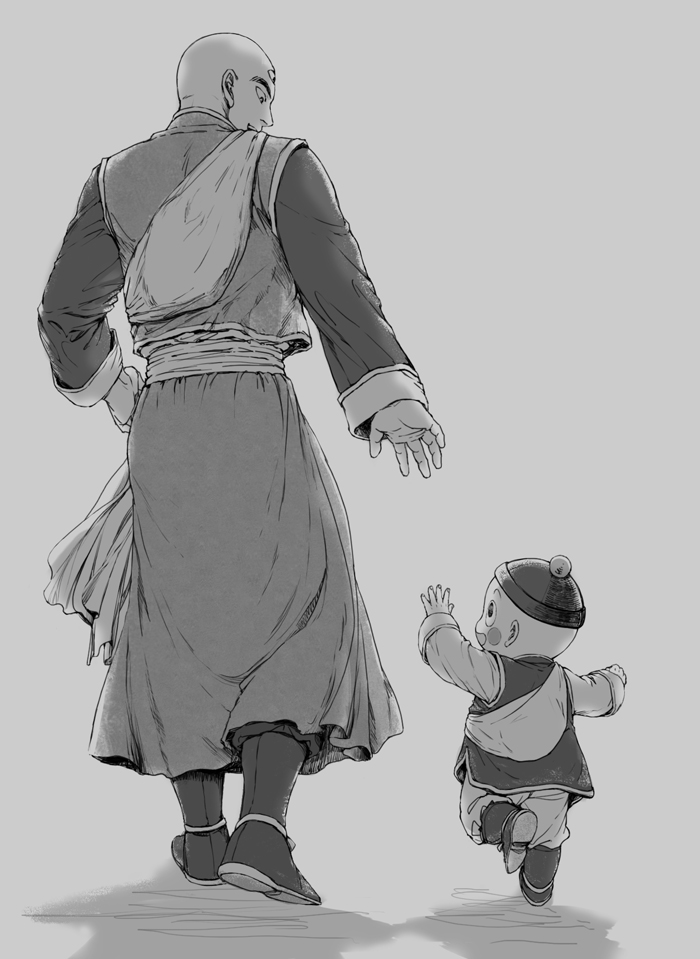 2boys :d back_turned bald blush_stickers boots chaozu chinese_clothes dragon_ball dragonball_z full_body grey_background greyscale hand_up happy hat height_difference long_sleeves looking_at_another looking_down looking_up male_focus monochrome multiple_boys one_leg_raised open_mouth shadow simple_background smile tenshinhan walking
