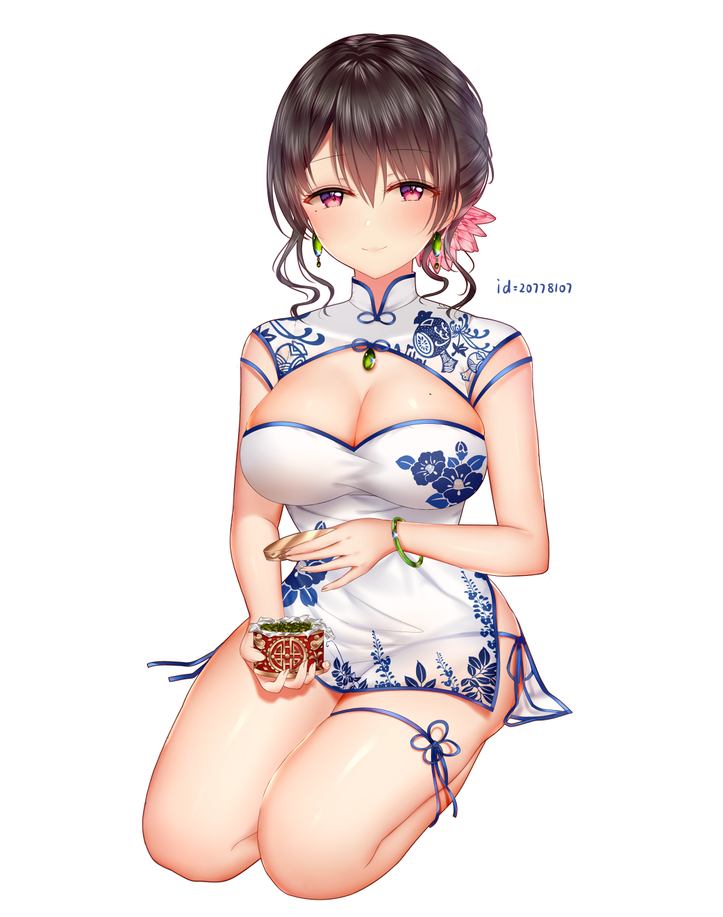 1girl bangle bangs blue_panties blush bracelet breasts brown_hair china_dress chinese_clothes cleavage closed_mouth dress earrings eyebrows_visible_through_hair flower full_body hair_between_eyes hair_flower hair_ornament highres holding jewelry junpaku_karen large_breasts mole mole_on_breast mole_under_eye original panties pink_flower red_eyes seiza short_hair side-tie_panties simple_background sitting sleeveless sleeveless_dress smile solo underwear white_background white_dress