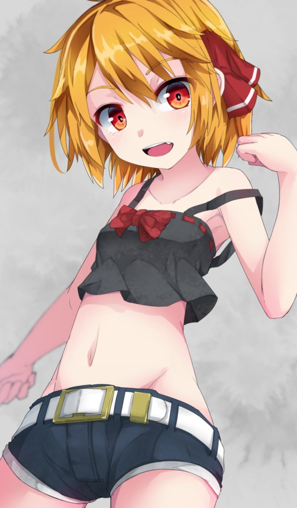 1girl belt belt_buckle blonde_hair bow buckle cowboy_shot crop_top crop_top_overhang denim denim_shorts hair_ribbon looking_at_viewer midriff navel open_mouth red_bow red_eyes red_ribbon ribbon rumia short_shorts shorts solo strap_slip touhou uumaru