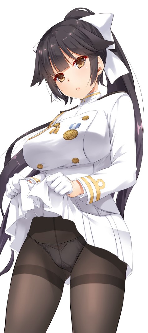 &gt;:&lt; 1girl azur_lane black_hair bow breasts brown_eyes brown_legwear commentary_request contrapposto cowboy_shot gloves gluteal_fold gusset hair_bow hair_flaps half_gloves high_ponytail large_breasts long_hair military military_uniform nakajima_yuka panties panties_under_pantyhose pantyhose pleated_skirt simple_background skirt skirt_lift solo string_panties takao_(azur_lane) thighband_pantyhose underwear uniform v-shaped_eyebrows very_long_hair white_gloves