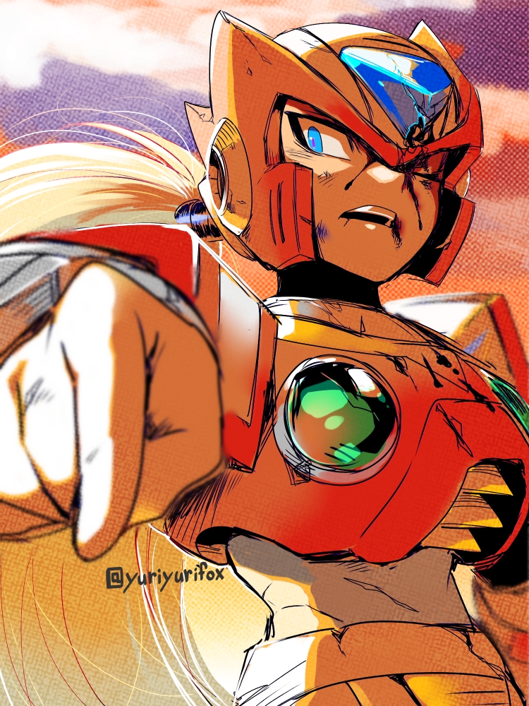 android angry artist_name blonde_hair blood capcom clouds gloves hand_gesture helmet injury long_hair male_focus pointing pointing_at_viewer power_armor rockman rockman_x serious sky teeth upper_body white_gloves yuriyuri_(ccc) zero_(rockman)