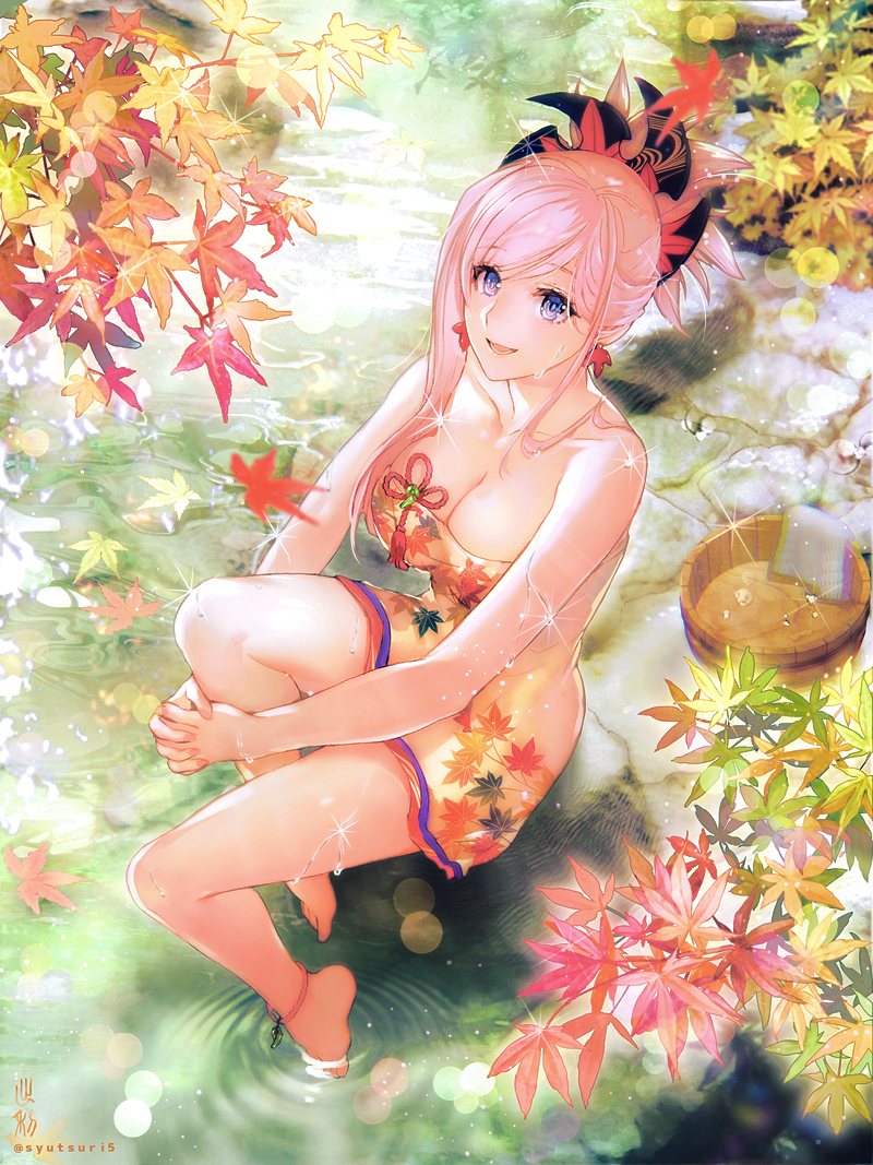 1girl :d anklet asymmetrical_hair bare_arms bare_shoulders barefoot breasts cleavage commentary_request day earrings eyebrows_visible_through_hair fate/grand_order fate_(series) full_body glint hair_ornament jewelry large_breasts leaf leaf_print looking_at_viewer maple_leaf miyamoto_musashi_(fate/grand_order) open_mouth outdoors pink_hair ponytail revision ripples shutsuri smile soaking_feet solo towel violet_eyes water_drop wet