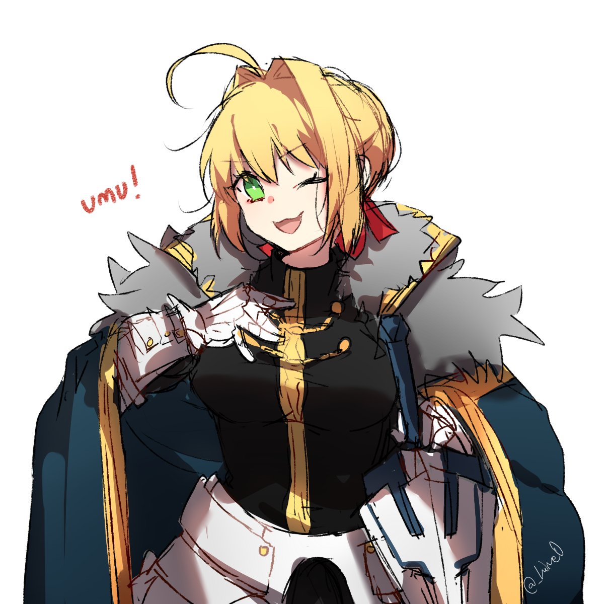 1girl ahoge artist_request bangs black_shirt blonde_hair blue_cape braid breasts cape cosplay excalibur_galatine eyebrows_visible_through_hair fate/extra fate/grand_order fate_(series) faulds french_braid fur-trimmed_cape fur_trim gauntlets gawain_(fate/grand_order) gawain_(fate/grand_order)_(cosplay) green_eyes hair_bun hair_intakes hair_ribbon hand_on_own_chest highres large_breasts looking_at_viewer nero_claudius_(fate) nero_claudius_(fate)_(all) one_eye_closed open_mouth red_ribbon ribbon shirt simple_background smile solo sword weapon white_background