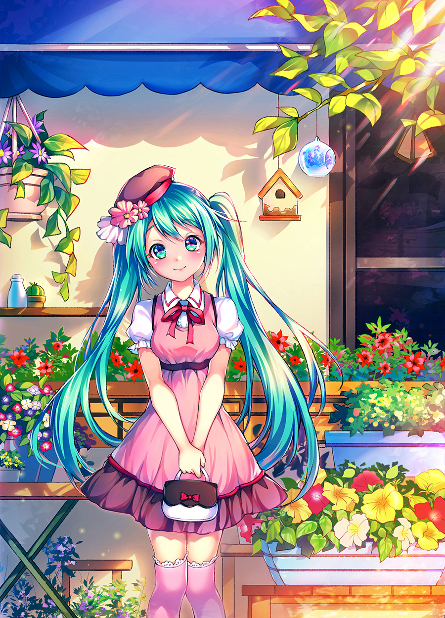 1girl aqua_eyes aqua_hair awning bag bangs beret birdhouse blue_flower bottle cactus day dress eyebrows_visible_through_hair flower frilled_sleeves frills handbag hanging_plant hat hat_flower hatsune_miku highres holding holding_bag kawaii2penguin lace-trimmed_legwear long_hair looking_at_viewer neck_ribbon outdoors over-kneehighs pinafore_dress pink_dress pink_flower pink_legwear pink_ribbon plant planter potted_plant purple_flower red_flower ribbon shelf short_sleeves smile solo table thigh-highs twintails vocaloid white_flower wind_chime window yellow_flower