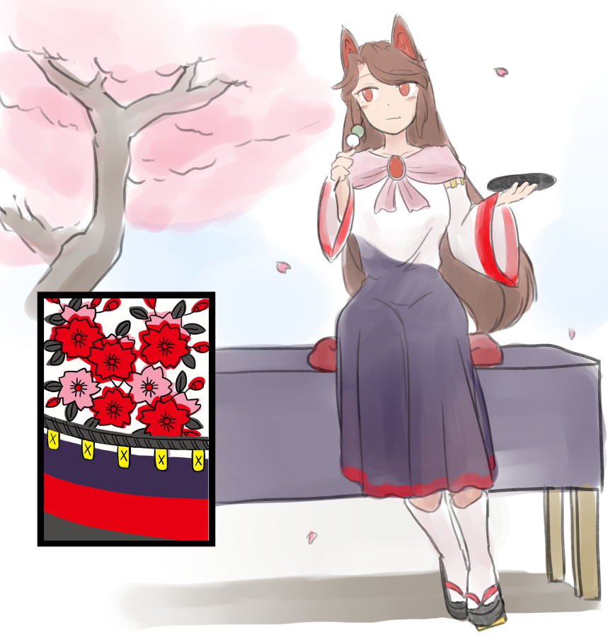 1girl animal_ears brooch brown_hair cherry_blossoms dango dress eating food hanafuda holding holding_food holding_tray imaizumi_kagerou jewelry long_dress long_hair long_sleeves red_eyes sandals sitting socks solo touhou tray uisu_(noguchipint) wagashi white_legwear wide_sleeves wolf_ears