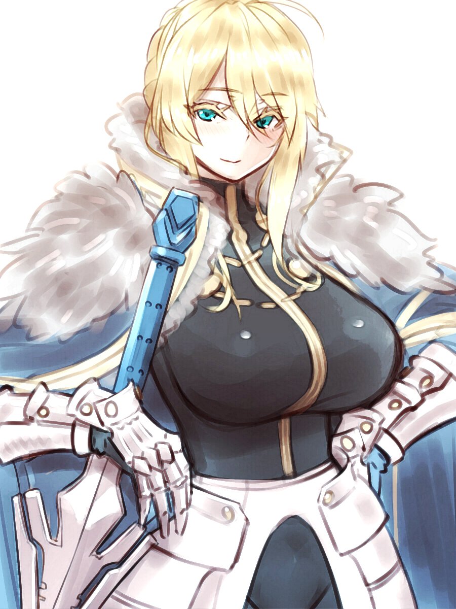 1girl ahoge artoria_pendragon_(all) artoria_pendragon_(lancer) bangs black_shirt blonde_hair blue_cape blush braid breasts cape closed_mouth excalibur_galatine eyebrows_visible_through_hair fate/extra fate/grand_order fate_(series) faulds french_braid fur-trimmed_cape fur_trim gauntlets gawain_(fate/grand_order) green_eyes hair_between_eyes hair_bun hand_on_hip hayama_kazusa highres huge_breasts long_hair looking_at_viewer shirt sidelocks simple_background smile solo swept_bangs white_background