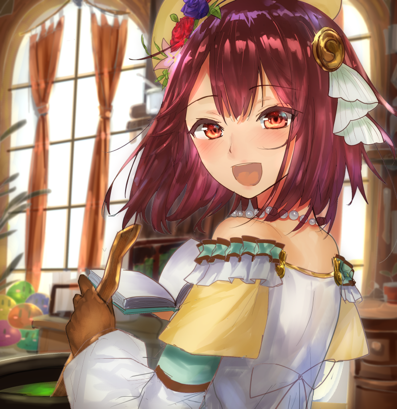 1girl :d atelier_(series) atelier_sophie bare_shoulders book brown_gloves cauldron curtains desk flower glint gloves hair_flower hair_ornament inside jewelry looking_at_viewer medium_hair necklace open_mouth pearl_necklace red_eyes rinsenjakusou sketch smile solo sophie_neuenmuller stirring_rod upper_body window