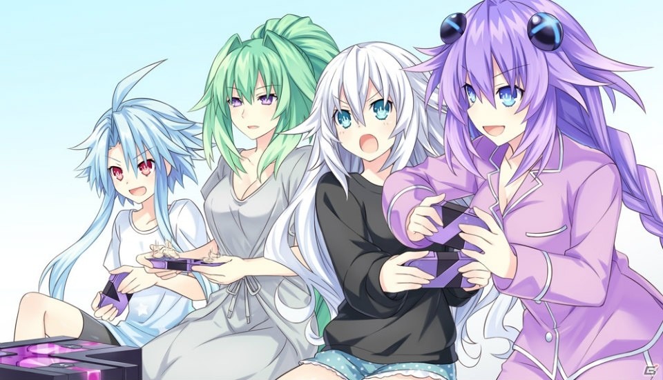 4girls ahoge black_heart blue_eyes blue_hair blush braid brave_neptune breasts casual cleavage controller game_console game_controller green_hair green_heart hair_ornament large_breasts long_hair multiple_girls neptune_(series) official_art playing_games ponytail power_symbol purple_hair purple_heart red_eyes short_hair_with_long_locks symbol-shaped_pupils tsunako twin_braids very_long_hair video_game violet_eyes white_hair white_heart