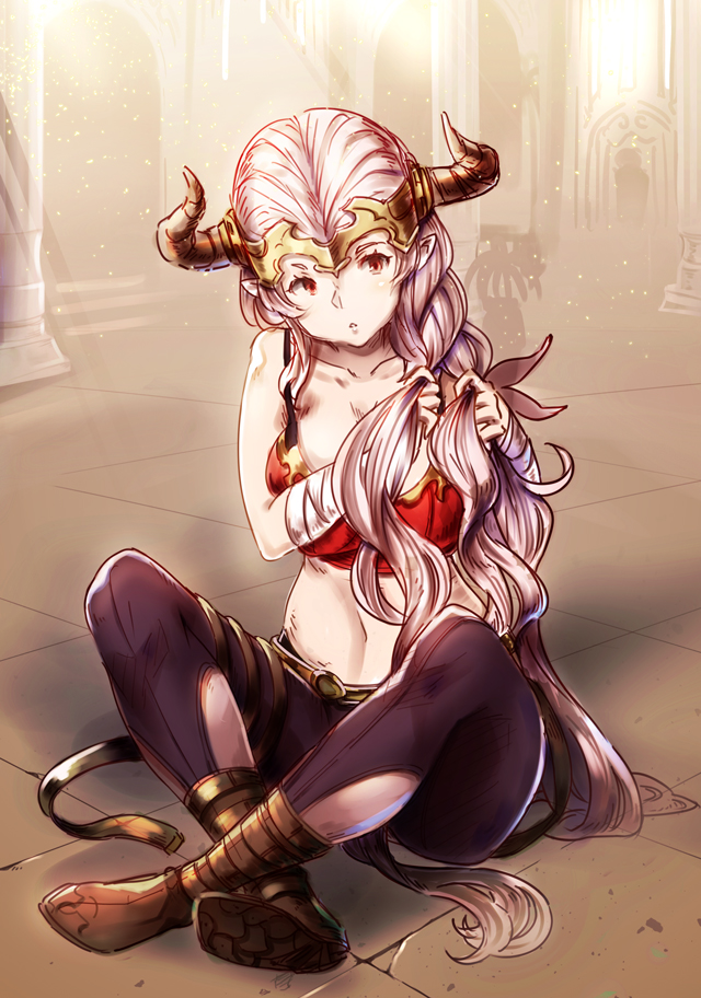 1girl aliza_(granblue_fantasy) bandage bandaged_hands braiding_hair breasts commentary_request draph granblue_fantasy hairdressing headpiece horns large_breasts long_hair midriff pointy_ears red_eyes silver_hair sitting solo yasai_no_ou-sama_lettuce