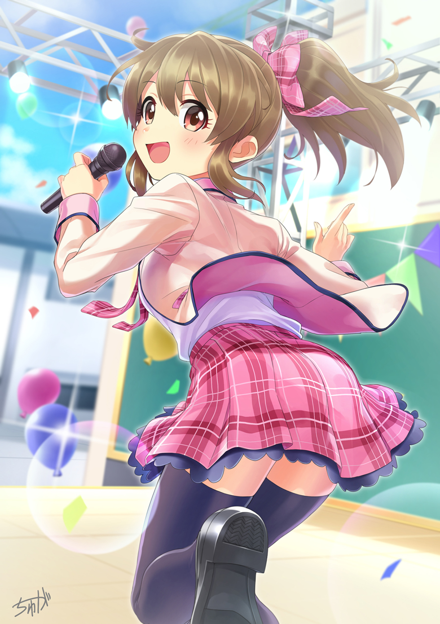 1girl balloon blue_sky blush_stickers brown_hair confetti frilled_skirt frills hair_ribbon highres hori_yuuko idolmaster idolmaster_cinderella_girls jacket microphone necktie pink_ribbon pink_skirt plaid ponytail ribbon signature skirt sky smile sparkle stage stage_lights thigh-highs tyuga