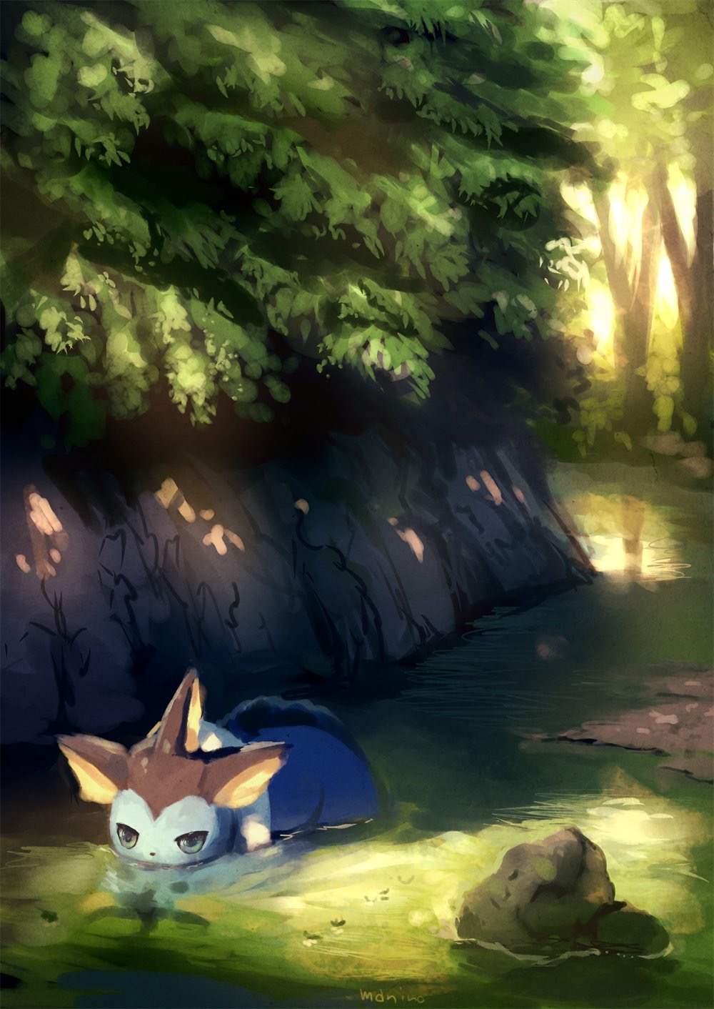 commentary_request gen_1_pokemon highres manino_(mofuritaionaka) no_humans outdoors pokemon river rock scenery signature solo tree vaporeon wading water