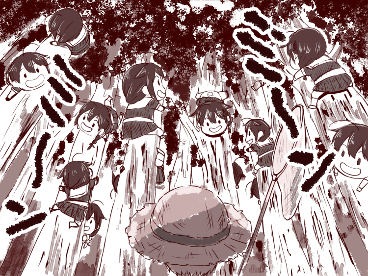 6+girls :d ahoge brown bug butterfly_net character_request chibi cicada forest hair_flaps hand_net hat insect ishii_hisao kantai_collection monochrome multiple_girls multiple_persona nature open_mouth pleated_skirt remodel_(kantai_collection) school_uniform serafuku shigure_(kantai_collection) shoes short_sleeves skirt smile straw_hat tree