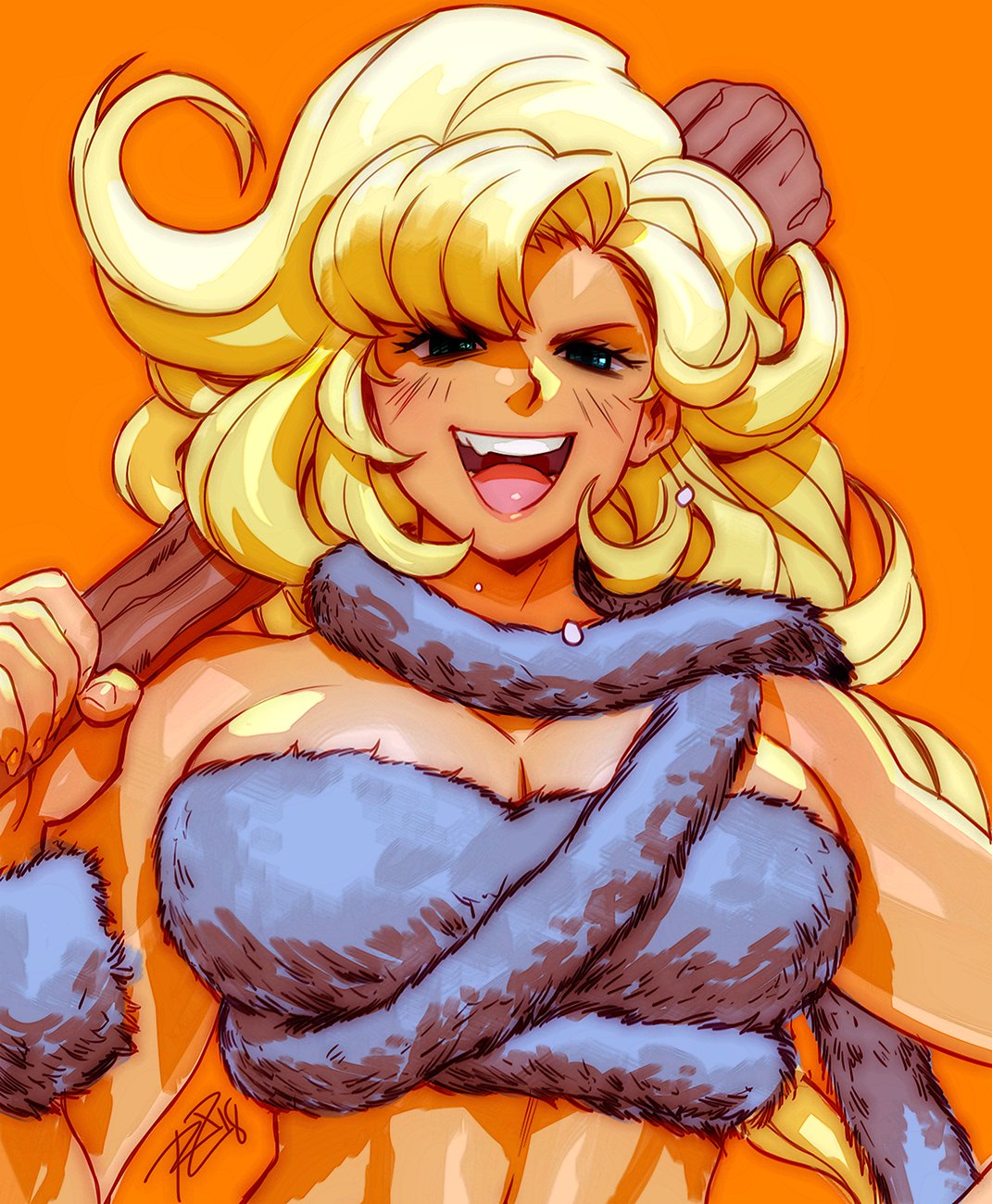 1girl ayla_(chrono_trigger) blonde_hair blue_eyes breasts chrono_trigger cleavage club curly_hair fang fur_bikini highres large_breasts long_hair open_mouth orange_background robert_porter solo strapless tail tribal tubetop upper_body weapon