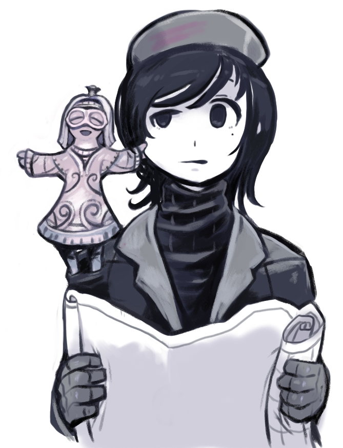 1boy 1girl :d black_hair black_jacket black_sweater cheek_pinching closed_eyes doguu gloves goggles golem grey_gloves grey_hat hat holding idon jacket looking_at_another map minigirl mole mole_under_eye monster_girl on_shoulder open_mouth original outstretched_arms pinching ribbed_sweater short_hair simple_background smile spread_arms sweater upper_body white_background