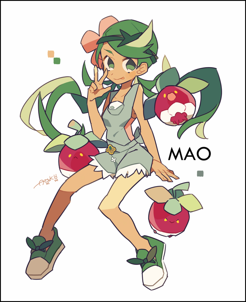 1girl auko bare_arms black_border border bounsweet character_name closed_mouth collarbone floating_hair flower full_body gen_7_pokemon green_eyes green_footwear green_hair hand_up headband legs_apart long_hair mallow_(pokemon) no_pupils overalls pink_flower pink_shirt pokemon pokemon_(creature) pokemon_(game) pokemon_sm shirt shoes signature sitting smile tongue tongue_out trial_captain twintails v
