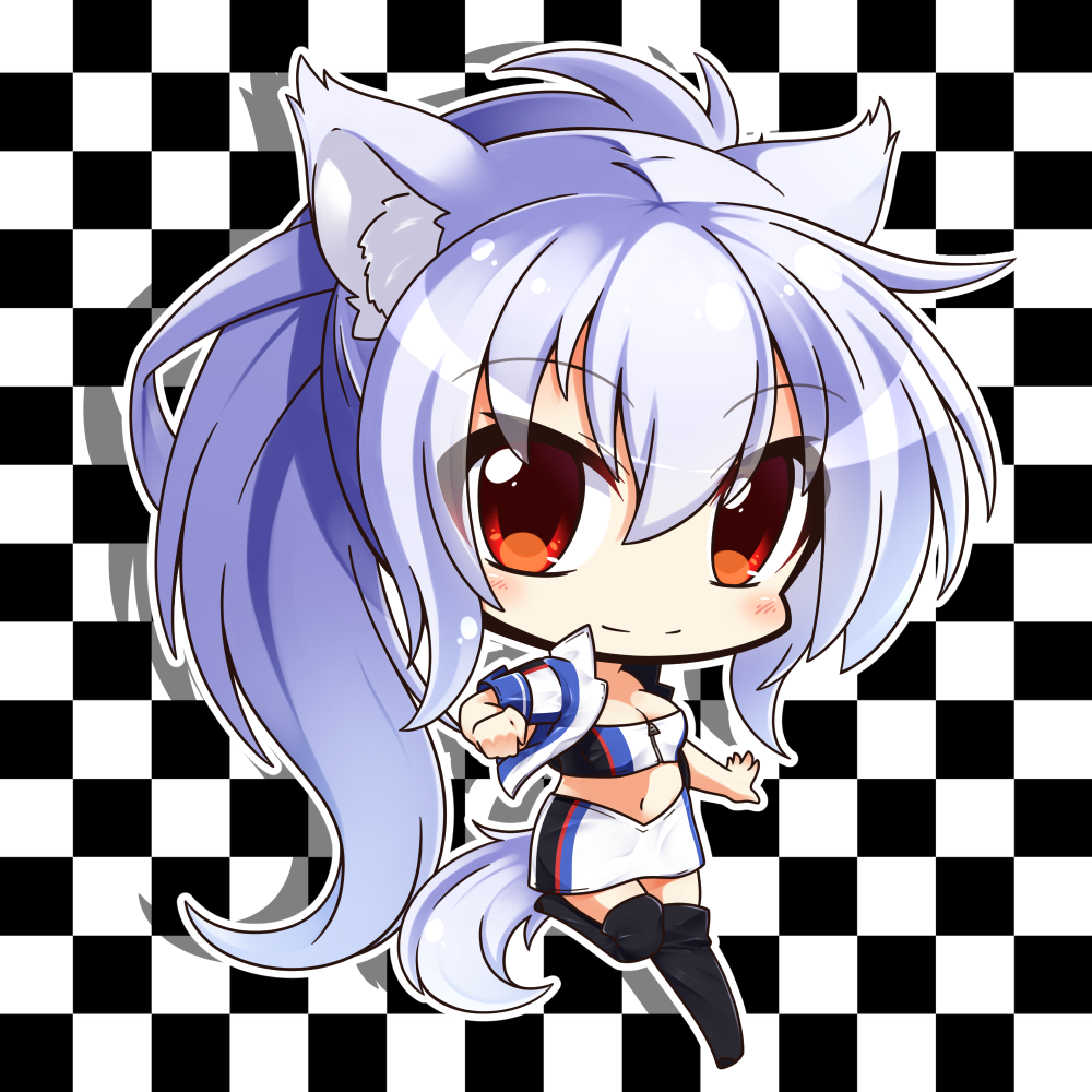 animal_ears bangs black_footwear blush boots breasts checkered checkered_background chibi cleavage closed_mouth commentary_request crop_top eyebrows_visible_through_hair full_body hair_between_eyes high_ponytail jacket long_hair medium_breasts midriff navel open_clothes open_jacket original ponytail racequeen red_eyes shachoo. short_sleeves sidelocks silver_hair skirt solo standing standing_on_one_leg tail thigh-highs thigh_boots very_long_hair white_skirt wolf_ears wolf_girl wolf_tail