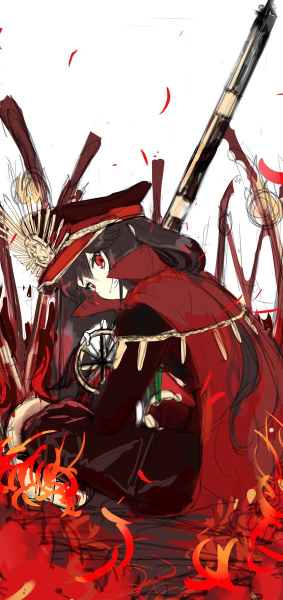 1girl black_hair black_jacket cape fate_(series) from_side grin gun hat highres jacket koha-ace long_hair looking_at_viewer miruto_netsuki musket oda_nobunaga_(fate) peaked_cap planted_weapon red_cape red_eyes sitting sketch smile solo weapon