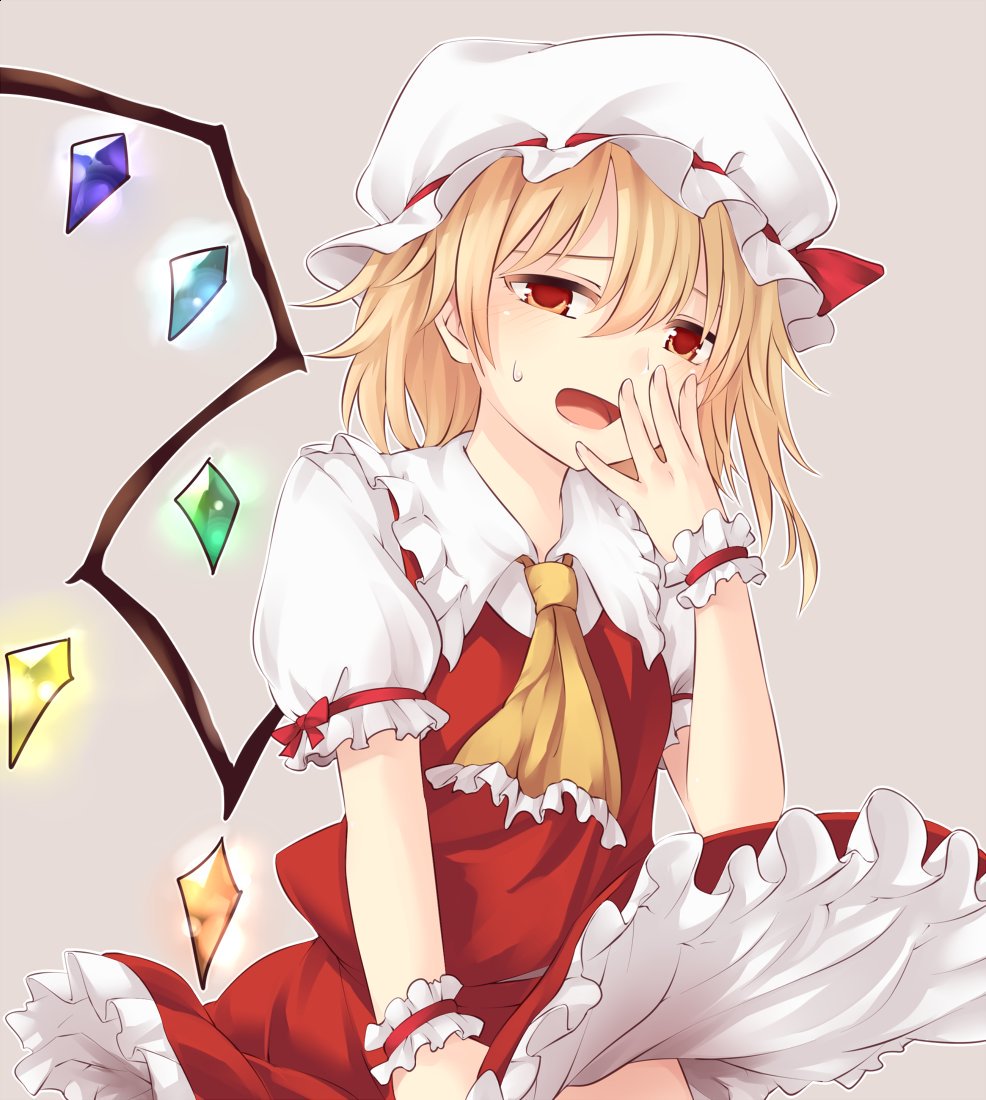 1girl :d ascot beige_background blonde_hair blush crystal flandre_scarlet frilled_shirt_collar frills hair_between_eyes hand_to_own_mouth hand_up hat hat_ribbon head_tilt looking_at_viewer miyo_(ranthath) open_mouth petticoat puffy_short_sleeves puffy_sleeves red_eyes red_ribbon red_skirt red_vest ribbon short_hair short_sleeves simple_background skirt skirt_tug smile solo sweatdrop touhou upper_body vest white_hat wings wrist_cuffs yellow_neckwear