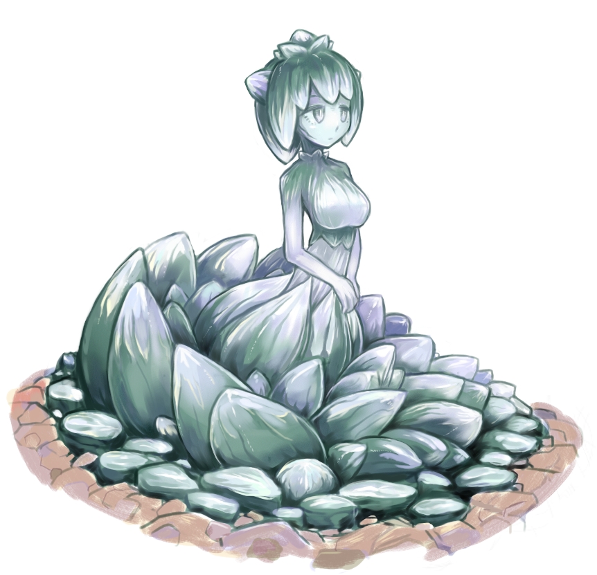 1girl breasts closed_mouth commentary_request from_side green_eyes green_hair green_skin idon large_breasts monster_girl original own_hands_together plant_girl short_hair simple_background solo white_background