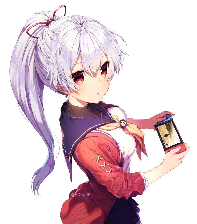 1girl :o bangs black_skirt blue_sailor_collar blush breasts commentary_request eyebrows_visible_through_hair fate/grand_order fate_(series) fingernails hair_between_eyes handheld_game_console high_ponytail holding jacket long_hair looking_at_viewer looking_to_the_side medium_breasts neckerchief nintendo nintendo_switch open_clothes open_jacket parted_lips playing_games pleated_skirt ponytail red_eyes red_jacket rosuuri sailor_collar school_uniform serafuku shirt silver_hair simple_background skirt solo tomoe_gozen_(fate/grand_order) very_long_hair white_background white_shirt yellow_neckwear