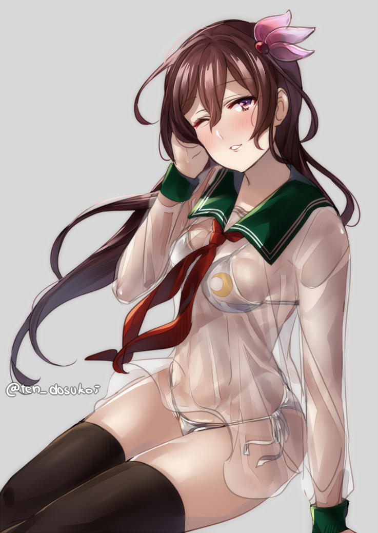 1girl alternate_costume bikini black_legwear blush breasts brown_hair commentary_request crescent_moon_symbol eyebrows_visible_through_hair grey_background hair_between_eyes hair_ornament juurouta kantai_collection kisaragi_(kantai_collection) long_hair looking_at_viewer neckerchief no_pants one_eye_closed sailor_collar see-through side-tie_bikini simple_background small_breasts smile solo swimsuit swimsuit_under_clothes thigh-highs twitter_username violet_eyes