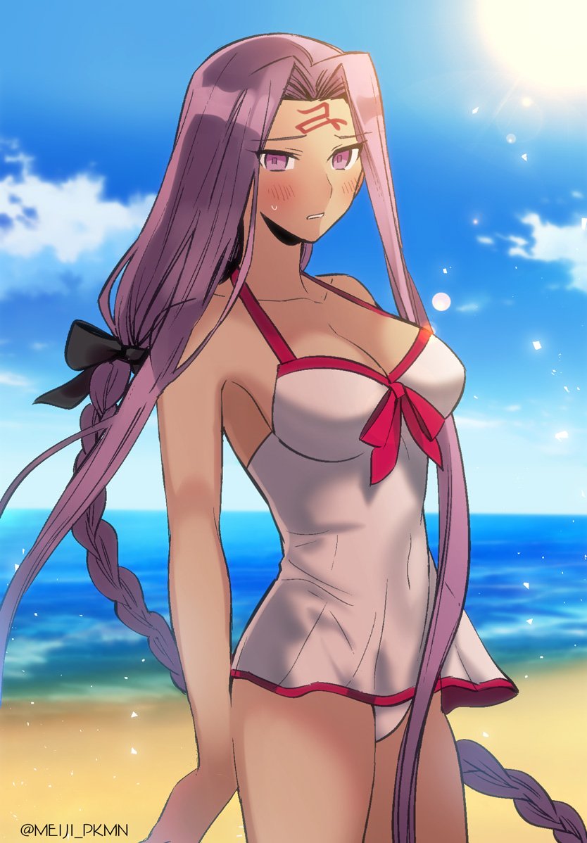 1girl bangs bare_shoulders beach black_bow blue_sky blush bow braid breasts cleavage collarbone cosplay covered_navel dress_swimsuit facial_mark fate/grand_order fate/stay_night fate_(series) forehead_mark hair_bow hips large_breasts long_braid long_hair looking_at_viewer mash_kyrielight mash_kyrielight_(cosplay) meiji_ken ocean parted_bangs purple_hair rider sky solo sunlight swimsuit swimsuit_of_perpetual_summer thighs very_long_hair violet_eyes waist white_swimsuit
