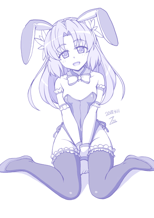 1girl :d animal_ears armband artist_name bangs blush bow bowtie bunny_girl bunnysuit covered_navel dated detached_collar full_body hair_intakes high_heels highleg highleg_leotard leotard long_hair looking_at_viewer monochrome open_mouth parted_bangs rabbit_ears senki_zesshou_symphogear serena_cadenzavna_eve sitting smile solo thigh-highs wariza wrist_cuffs zetsumu