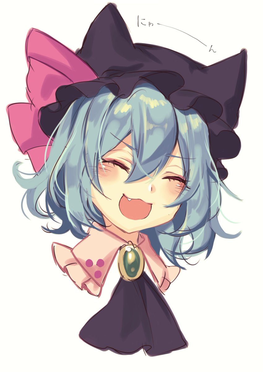 1girl :3 :d animal_ears animal_hat ascot bangs black_hat black_neckwear blue_hair blush bow brooch cat_ears cat_girl closed_eyes commentary_request cropped_neck curly_hair dot_nose dress eyebrows_visible_through_hair eyelashes facing_viewer fake_animal_ears fang frilled_hat frilled_shirt_collar frills hair_between_eyes happy hat hat_bow head_tilt highres jewelry kemonomimi_mode kyouda_suzuka light_blue_hair mob_cap open_mouth parted_bangs pink_bow pink_dress portrait remilia_scarlet shiny shiny_hair short_hair simple_background sketch smile solo touhou translated v-shaped_eyebrows white_background wing_collar