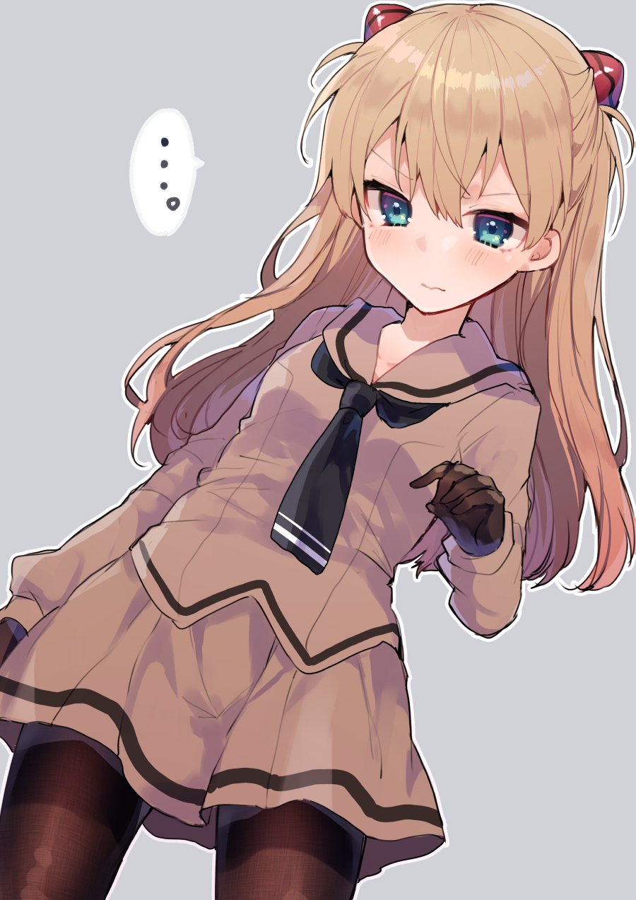 ... 1girl black_neckwear blue_eyes blush brown_gloves brown_legwear brown_sailor_collar brown_shirt brown_skirt closed_mouth embarrassed fine_fabric_emphasis gloves grey_background headgear highres ikeuchi_tanuma long_hair looking_at_viewer necktie neon_genesis_evangelion_gakuen_datenroku pantyhose sailor_collar school_uniform serafuku shirt simple_background skirt solo souryuu_asuka_langley spoken_ellipsis standing two_side_up