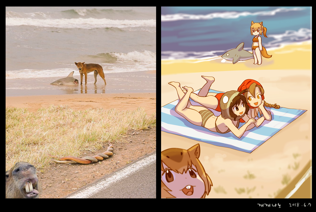 4girls :d ahoge animal_ears barefoot beach beach_towel bikini braid brown_bikini brown_eyes brown_hair buck_teeth capybara capybara_(kemono_friends) capybara_ears character_request chin_rest commentary_request dated eye_contact grass hood inflatable_shark inflatable_toy kemono_friends light_brown_hair long_hair looking_at_another multiple_girls open_mouth orange_eyes photo-referenced photobomb ponytail red_bikini reference_photo roonhee sand shark short_hair signature smile snake swimsuit tail tanning towel waves wolf