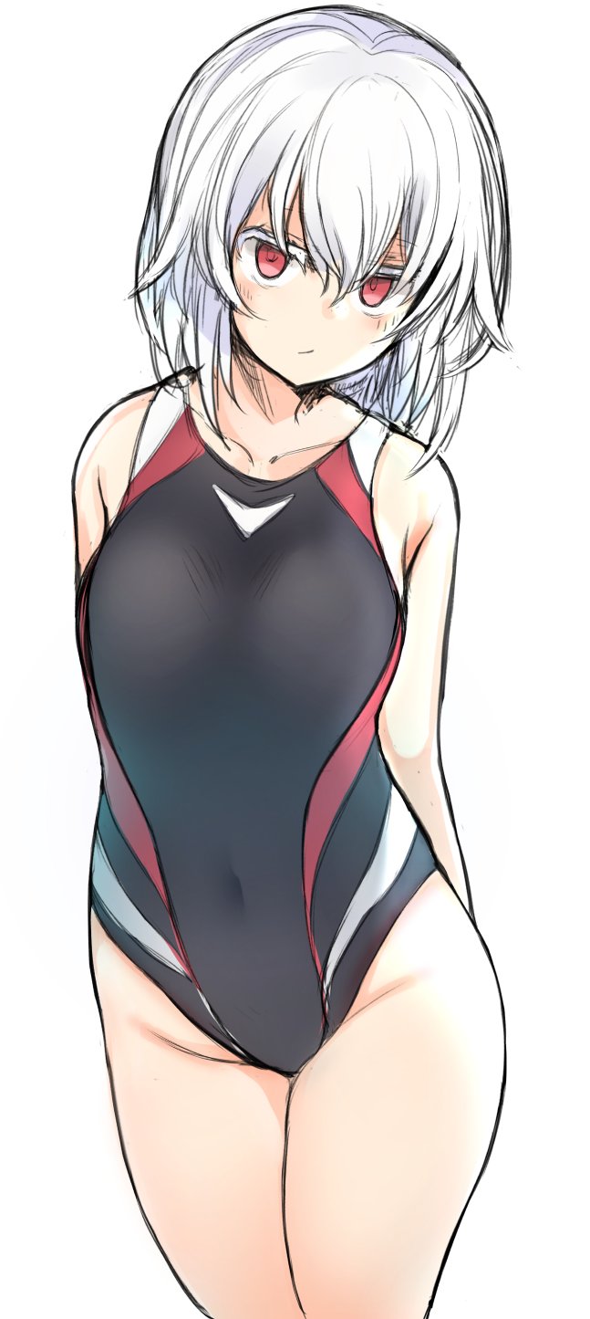 1girl arms_behind_back bare_shoulders black_swimsuit blush closed_mouth commentary_request covered_navel hair_between_eyes highres looking_at_viewer original red_eyes simple_background solo standing swimsuit tsunekichi white_background white_hair