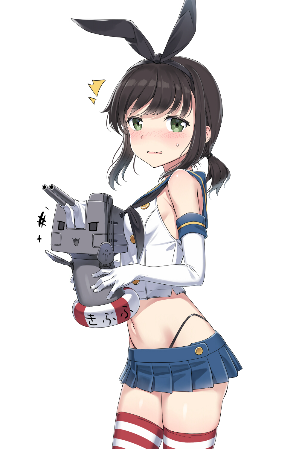 /\/\/\ 1girl black_hair blush breasts cnm contrapposto cosplay cowboy_shot crop_top elbow_gloves embarrassed from_side fubuki_(kantai_collection) gloves green_eyes hair_ribbon hairband highleg highleg_panties highres innertube kantai_collection lav microskirt midriff navel panties pleated_skirt rensouhou-chan ribbon sailor_collar sailor_shirt shimakaze_(kantai_collection) shimakaze_(kantai_collection)_(cosplay) shirt short_ponytail sidelocks simple_background skirt small_breasts solo string_panties striped striped_legwear sweatdrop thigh-highs underwear wavy_mouth white_background white_gloves