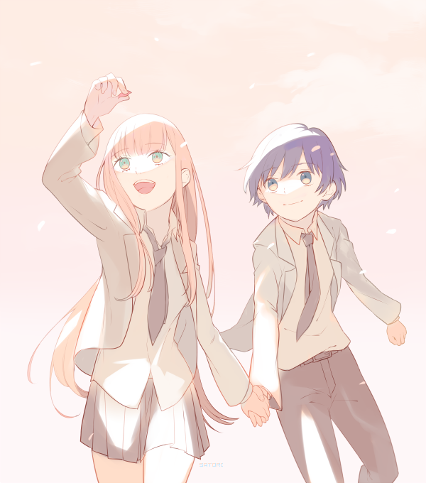 1boy 1girl bangs black_hair black_neckwear black_pants black_shirt blue_eyes collared_shirt couple darling_in_the_franxx eyebrows_visible_through_hair fringe green_eyes grey_jacket hetero hiro_(darling_in_the_franxx) holding jacket long_hair long_sleeves necktie o0str0o open_clothes open_jacket pants petals pink_hair school_uniform shirt short_hair skirt thighs white_shirt wing_collar zero_two_(darling_in_the_franxx)