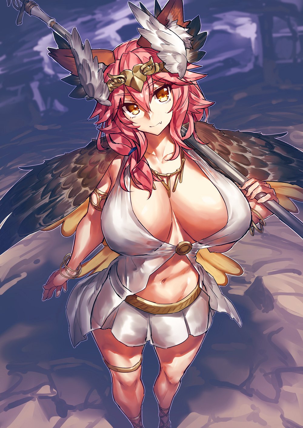 1girl animal_ears bracelet breasts circe_(fate/grand_order) circe_(fate/grand_order)_(cosplay) cosplay fang fate/grand_order fate_(series) fox_ears head_wings highres jewelry large_breasts melon22 navel necklace over_shoulder pink_hair staff tamamo_(fate)_(all) tamamo_no_mae_(swimsuit_lancer)_(fate) tiara weapon weapon_over_shoulder wings yellow_eyes