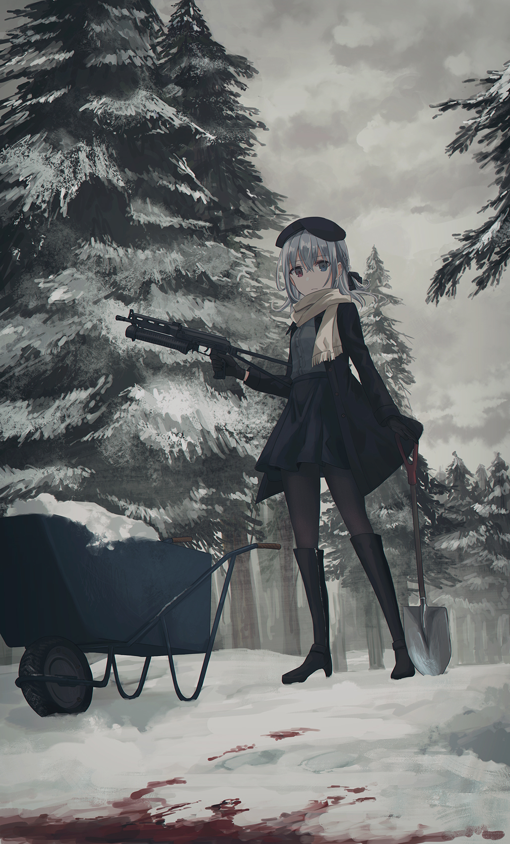 1girl beret blood blood_stain boots chihuri commentary gloves gun hat heterochromia highres holding holding_gun holding_weapon jacket knee_boots original outdoors pantyhose pp-19_bizon scarf shovel silver_hair snow solo submachine_gun tree weapon wheelbarrow