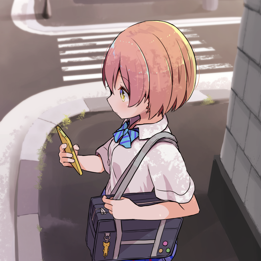 1girl bag bag_charm blue_neckwear bow bowtie cellphone charm_(object) collared_shirt commentary_request holding holding_phone holding_strap hoshizora_rin love_live! love_live!_school_idol_project orange_hair otonokizaka_school_uniform phone road school_bag shipii_(jigglypuff) shirt short_hair short_sleeves smartphone solo street striped_neckwear white_shirt yellow_eyes