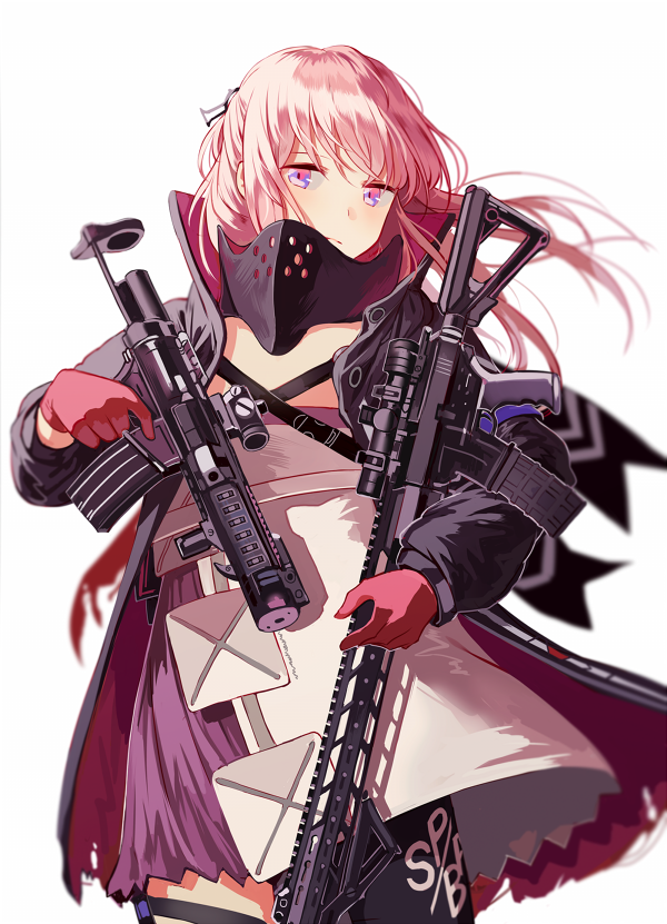 1girl ar-15 armband armor assault_rifle bangs blue_eyes blue_hair blush closed_mouth clothes_writing coat commentary digi-mind_update_(girls_frontline) dress dual_wielding floating_hair gas_mask girls_frontline gloves gun hair_between_eyes hair_ornament holding holding_gun holding_weapon holster jacket long_hair looking_at_viewer magazine_(weapon) multicolored_hair open_clothes open_coat parted_lips pink_hair ponytail rifle scarf scope sidelocks signature silence_girl simple_background skindentation solo st_ar-15_(girls_frontline) strap streaked_hair thigh-highs thigh_holster thigh_strap torn_jacket trigger_discipline weapon white_background wind wind_lift