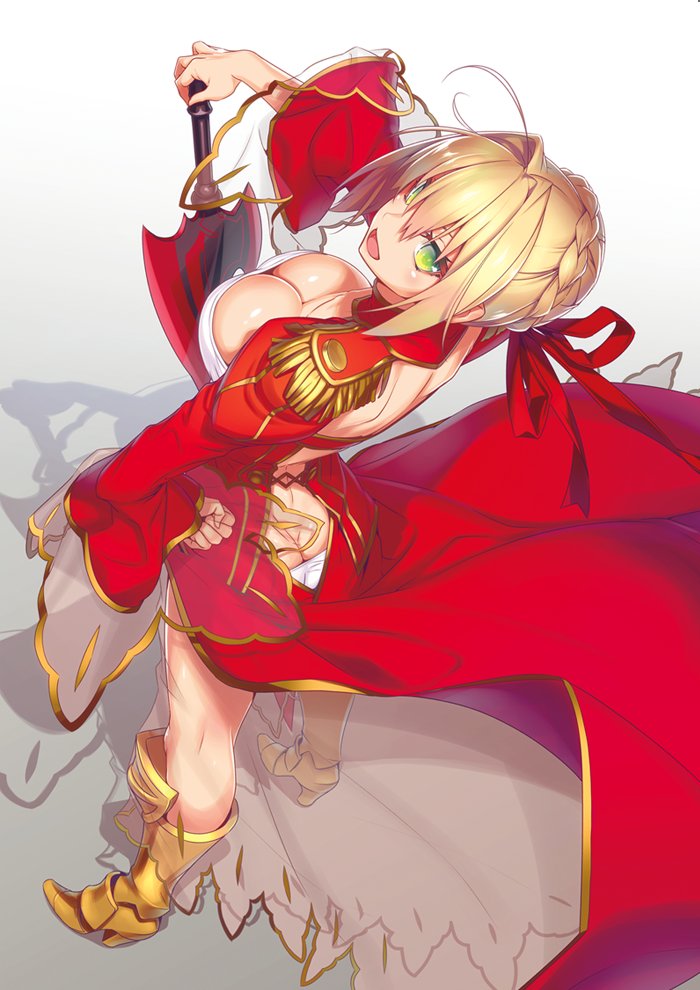 1girl :d aestus_estus ahoge armored_boots ass blonde_hair boots breasts cleavage dress epaulettes fate/extra fate_(series) green_eyes looking_at_viewer nero_claudius_(fate) nero_claudius_(fate)_(all) nilitsu open_mouth saber_extra smile solo sword weapon