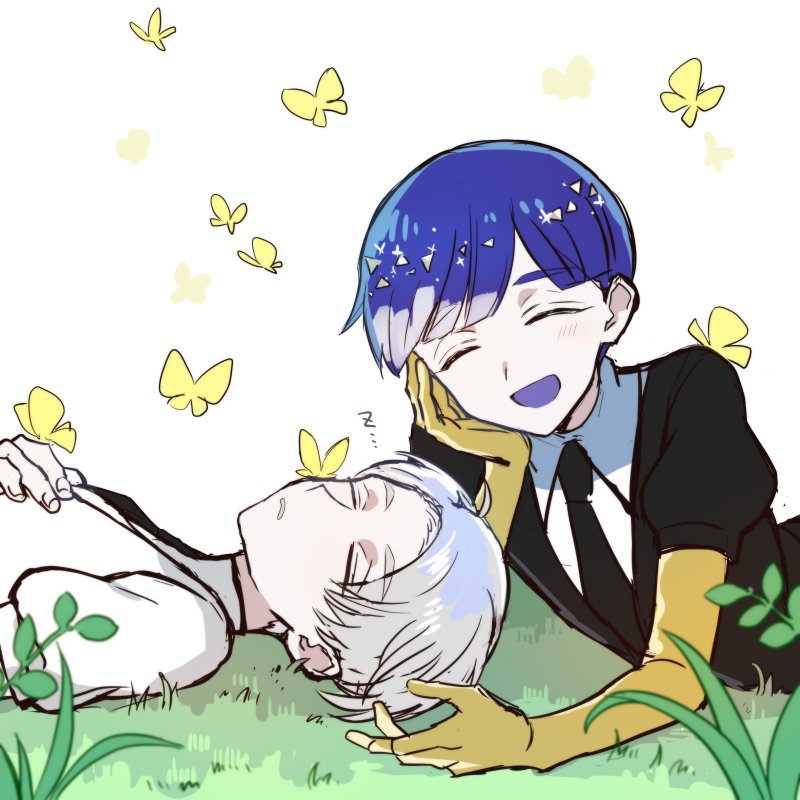 2others androgynous bangs blue_hair blunt_bangs bug butterfly cairngorm_(houseki_no_kuni) chin_rest closed_eyes gem_uniform_(houseki_no_kuni) golden_arms grass grey_hair happy houseki_no_kuni insect lying multiple_others necktie on_back on_stomach open_mouth phosphophyllite phosphophyllite_(ll) short_hair silver_hair sleeping smile spoilers thick_eyebrows tpi_ri white_background