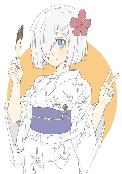 1girl blue_eyes donguri_suzume flower food food_request grey_hair grey_kimono hair_flower hair_ornament hair_over_one_eye hairclip hamakaze_(kantai_collection) hand_up hands_up holding holding_food kantai_collection long_sleeves looking_at_viewer obi one_eye_closed one_eye_covered red_flower sash short_hair smile solo upper_body w wide_sleeves