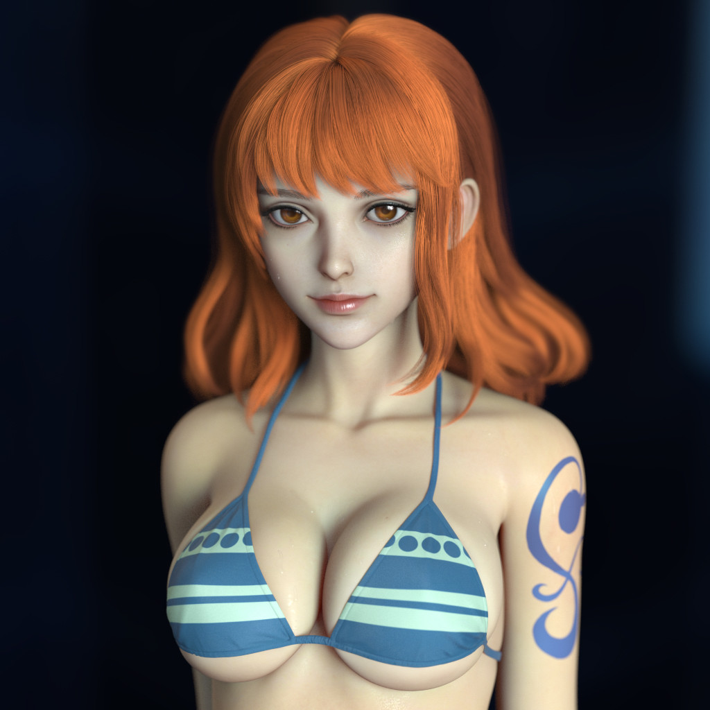 1girl arms_at_sides bangs bikini bikini_top blue_bikini_top breasts brown_eyes cleavage collarbone large_breasts long_hair looking_at_viewer nami_(one_piece) one_piece orange_hair shadow shousizhe simple_background solo standing sweat swimsuit tattoo under_boob upper_body wet