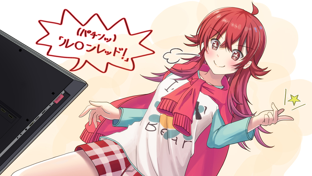 +_+ 1girl ahoge boyshorts closed_mouth clothes_writing commentary_request dutch_angle eyebrows_visible_through_hair idolmaster idolmaster_shiny_colors jacket jacket_on_shoulders komiya_kaho long_hair long_sleeves naohiro raglan_sleeves red_eyes red_jacket redhead smile snapping_fingers standing television translated