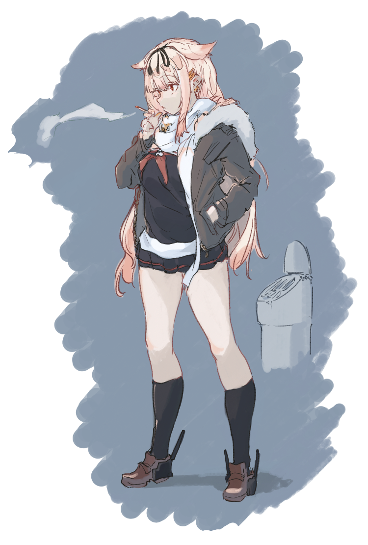 1girl black_legwear black_ribbon black_serafuku black_skirt blonde_hair breasts brown_footwear cigarette commentary eyebrows_visible_through_hair from_side full_body fur-trimmed_jacket fur_trim gradient_hair green_jacket hair_flaps hair_ornament hair_ribbon hairclip hand_in_pocket jacket kantai_collection kneehighs loafers long_hair looking_to_the_side medium_breasts messy_hair multicolored_hair neckerchief pleated_skirt red_eyes red_neckwear remodel_(kantai_collection) ribbon rureizi scarf school_uniform serafuku shoes sidelocks skirt smoking socks solo white_scarf yuudachi_(kantai_collection)