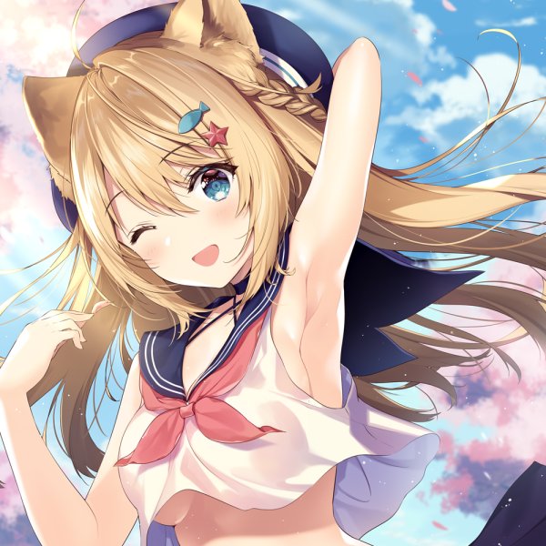 1girl :d ahoge animal_ears armpits blonde_hair blue_eyes blue_hat blue_sailor_collar blue_skirt blue_sky blush braid breasts cherry_blossoms clouds crop_top fish_hair_ornament floating_hair hair_between_eyes hair_ornament hairclip hand_up hat long_hair looking_at_viewer neckerchief necomi one_eye_closed open_mouth original red_neckwear sailor_collar school_uniform serafuku shirt skirt sky smile solo starfish_hair_ornament under_boob upper_body white_shirt