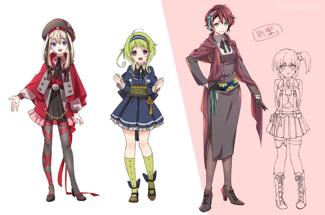 &gt;:t 4girls arms_behind_back azuki_nagamitsu_(touken_ranbu) black_gloves blue_eyes boots clenched_hands closed_mouth cross-laced_footwear dress full_body genderswap genderswap_(mtf) gloves green_eyes green_hair green_legwear grey_legwear hairband hand_on_hip high_heels hyuuga_masamune kenshin_kagemitsu kneehighs lace-up_boots long_hair mouri_toushirou multicolored_hair multiple_girls open_mouth pantyhose pink_background pleated_skirt prototype red_ribbon ribbon shuri_(84k) simple_background skirt smile streaked_hair touken_ranbu two-tone_background violet_eyes white_background white_hair